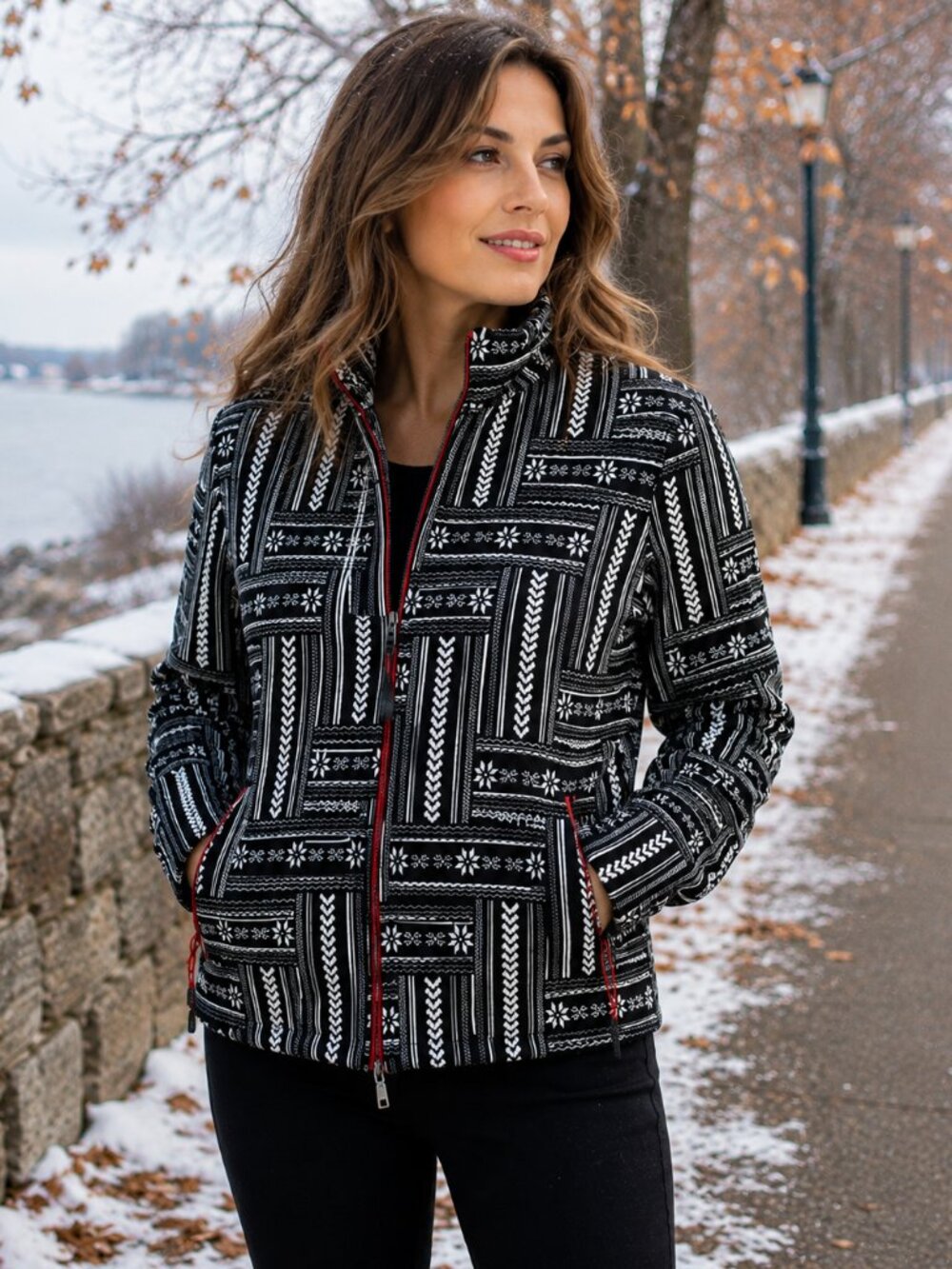 NEWLAND Italy Black White Nordic Pattern Full Zip Ski Sweater Size S